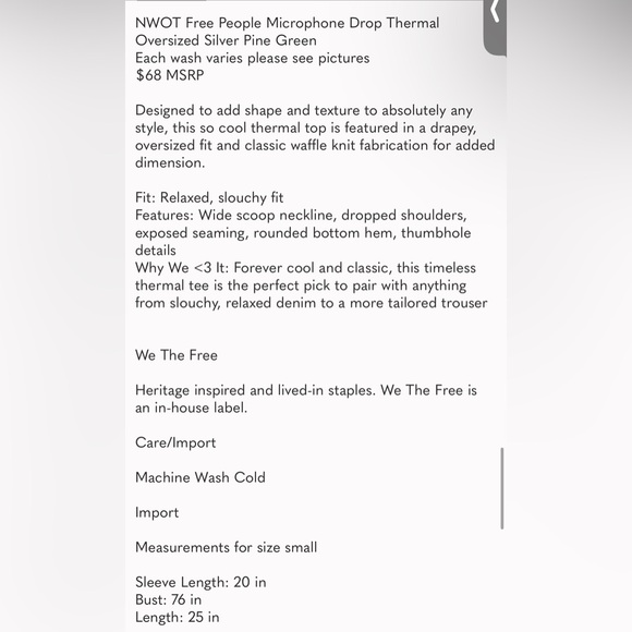 NWOT Free People We The Free Microphone Drop Therma - Picture 6 of 6